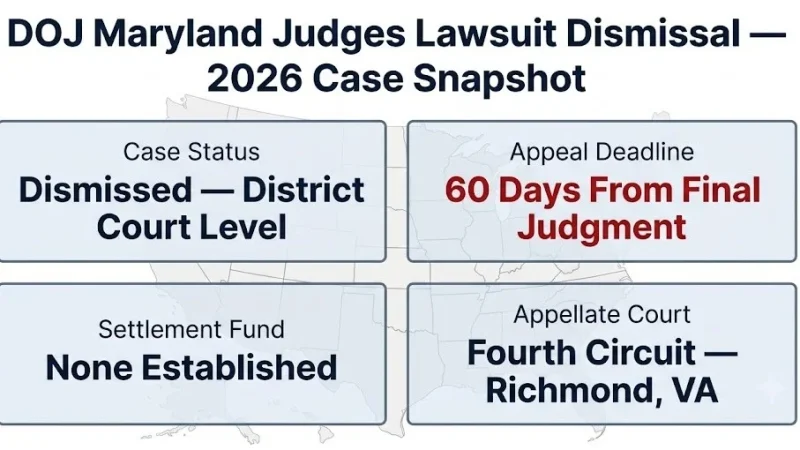 DOJ Maryland judges lawsuit dismissal 2026 case snapshot — dismissed, no settlement fund, Fourth Circuit appeal pending