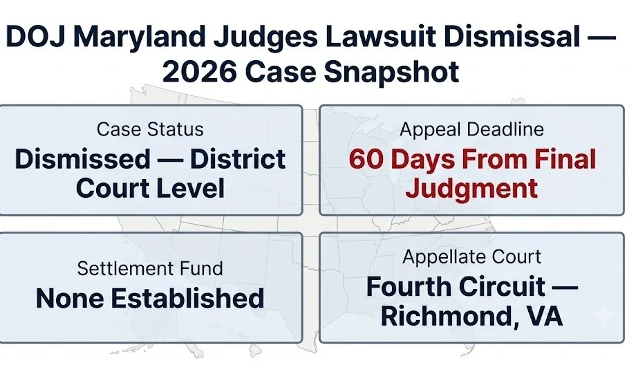 DOJ Maryland judges lawsuit dismissal 2026 case snapshot — dismissed, no settlement fund, Fourth Circuit appeal pending