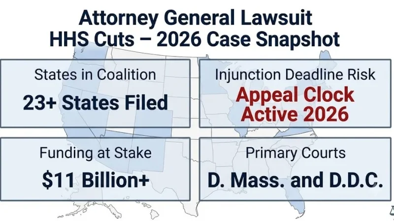 Attorney general lawsuit HHS cuts 2026 case snapshot — 23+ states, $11B at stake, D. Mass. and D.D.C. courts, injunctions active