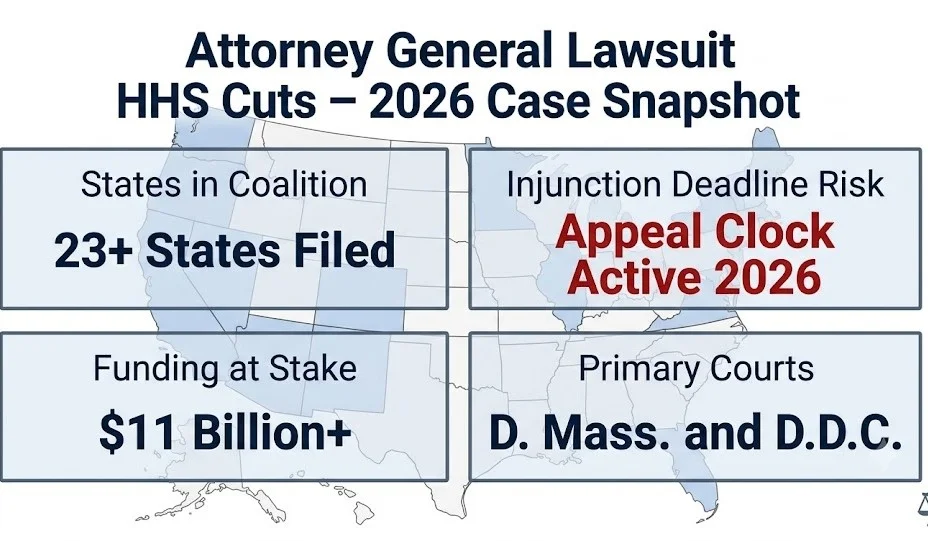 Attorney general lawsuit HHS cuts 2026 case snapshot — 23+ states, $11B at stake, D. Mass. and D.D.C. courts, injunctions active