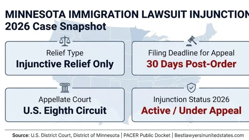 Minnesota immigration lawsuit injunction 2026 case snapshot showing Eighth Circuit appeal status and injunctive relief details