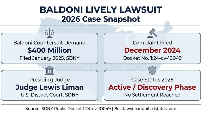Baldoni lively lawsuit 2026 case snapshot, $400M countersuit, SDNY docket 1:24-cv-10049, active discovery, Judge Lewis Liman