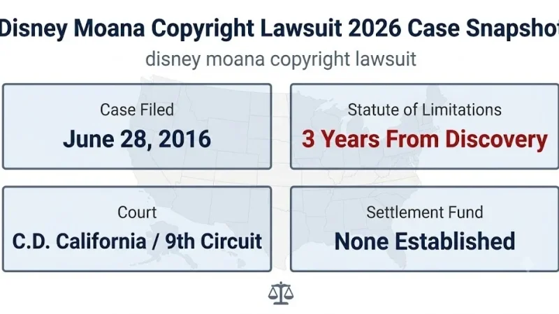 Disney Moana copyright lawsuit 2026 case snapshot, Central District of California, no settlement, 3-year statute of limitations.