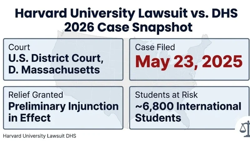 Harvard university lawsuit DHS 2026 case snapshot infographic, preliminary injunction in effect, 6,800 students at risk, filed May 2025