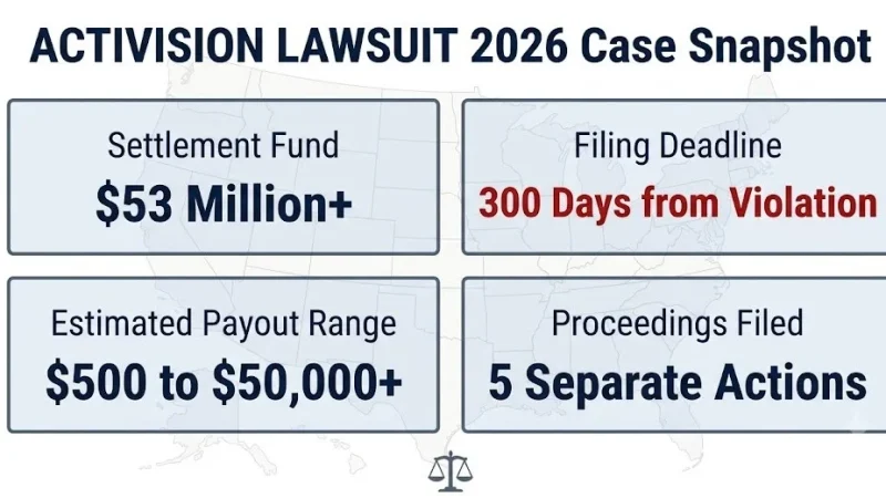 Activision lawsuit 2026 case snapshot, $53M settlement fund, 300-day deadline, $500 to $50,000+ payout range, five proceedings filed.
