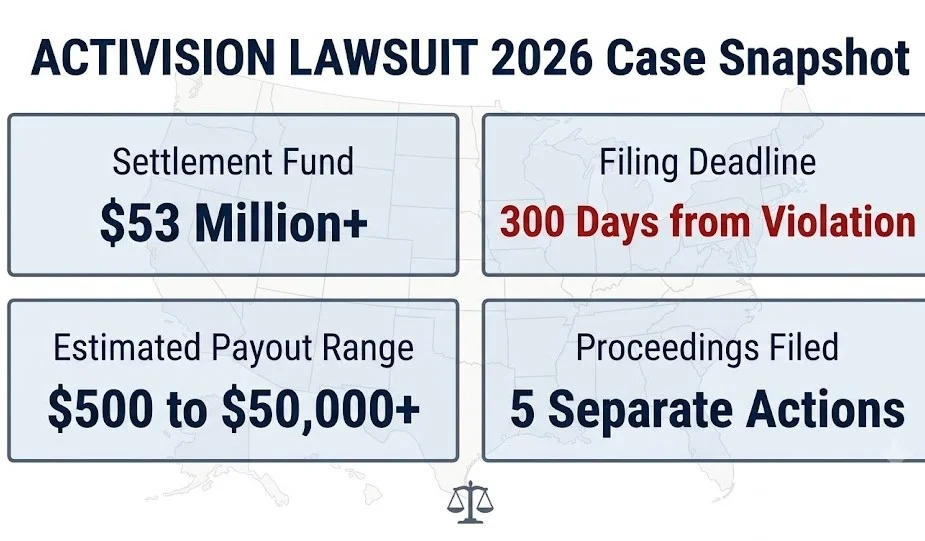 Activision lawsuit 2026 case snapshot, $53M settlement fund, 300-day deadline, $500 to $50,000+ payout range, five proceedings filed.