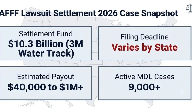 AFFF lawsuit settlement 2026 case snapshot: $10.3B fund, $40K to $1M+ payout range, 9,000+ active MDL-2873 claims