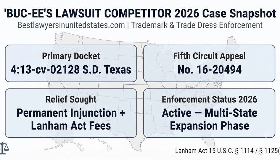 Buc-ee's lawsuit competitor 2026 case snapshot, docket 4:13-cv-02128, Fifth Circuit No. 16-20494, injunction and Lanham Act fees sought.