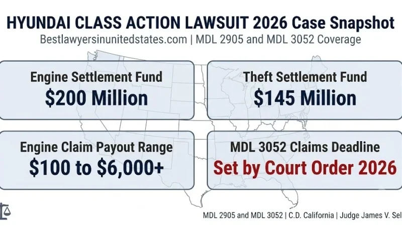 Hyundai class action lawsuit 2026 case snapshot, $200M engine fund, $145M theft fund, $100 to $6,000+ payout range, MDL 2905 and 3052.
