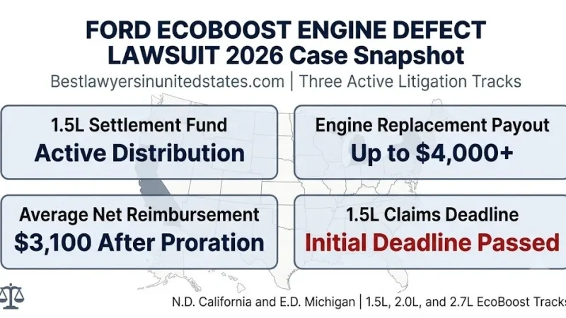 Ford EcoBoost engine defect lawsuit 2026 snapshot, up to $4,000 payout, $3,100 avg reimbursement, three litigation tracks, N.D. California.