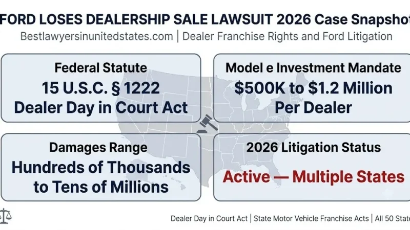 Ford loses dealership sale lawsuit 2026 snapshot, 15 U.S.C. § 1222, $500K-$1.2M Model e mandate, active multi-state dealer litigation.