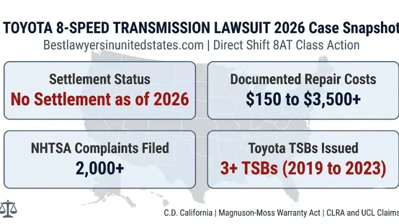 Toyota 8-speed transmission lawsuit 2026 snapshot, no settlement yet, $150-$3,500 repair costs, 2,000+ NHTSA complaints, C.D. California.