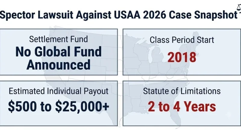 Spector lawsuit against USAA 2026 case snapshot infographic showing $500 to $25,000 payout range and 2 to 4 year limitations period