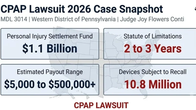 CPAP lawsuit 2026 case snapshot, MDL 3014, $1.1B settlement fund, $5,000 to $500,000+ payout range, 10.8M devices recalled.