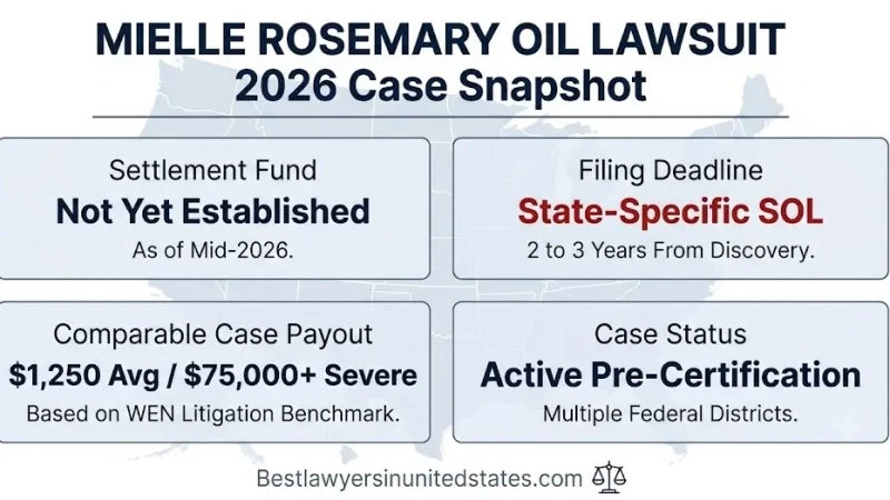 Mielle rosemary oil lawsuit 2026 case snapshot infographic showing status, filing deadlines, and comparable payout ranges.