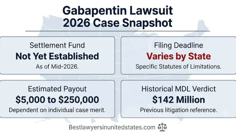 Gabapentin lawsuit 2026 case snapshot showing filing deadlines and $5,000 to $250,000 estimated payout range