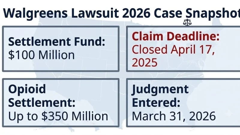 Walgreens lawsuit 2026 case snapshot showing $100 million settlement and closed April 2025 claim deadline