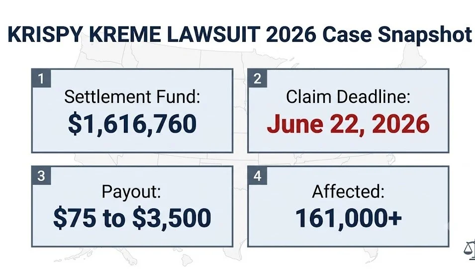 Krispy Kreme lawsuit 2026 case snapshot: $1.6M settlement, June 22 deadline, $75 to $3,500 payout