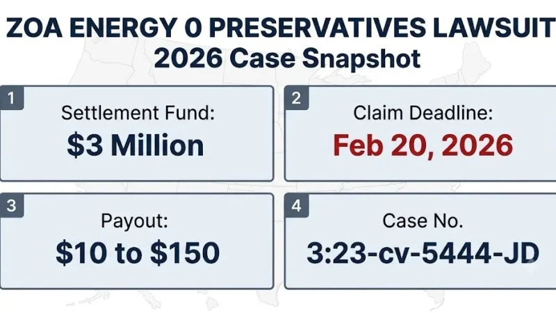 ZOA Energy 0 Preservatives lawsuit 2026 snapshot: $3M settlement, Feb 20 deadline, $10 to $150 payout
