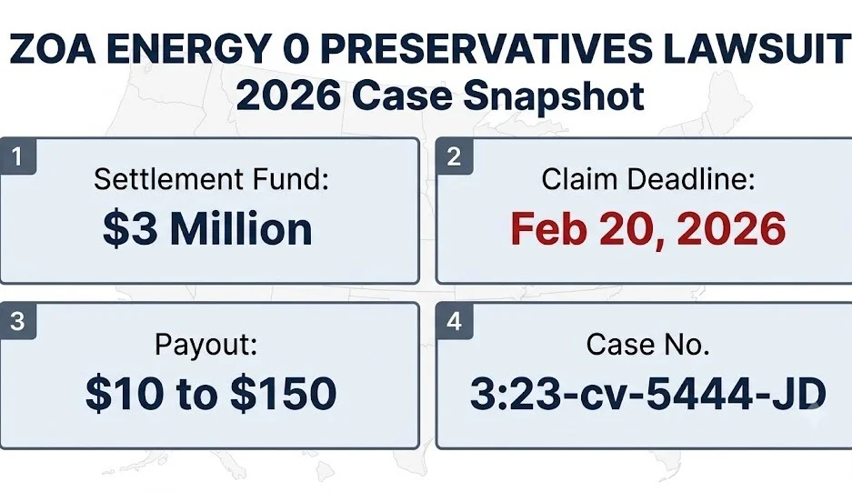 ZOA Energy 0 Preservatives lawsuit 2026 snapshot: $3M settlement, Feb 20 deadline, $10 to $150 payout