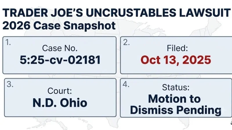 Trader Joe's Uncrustables lawsuit 2026 snapshot: Case No. 5:25-cv-02181, N.D. Ohio, motion to dismiss pending