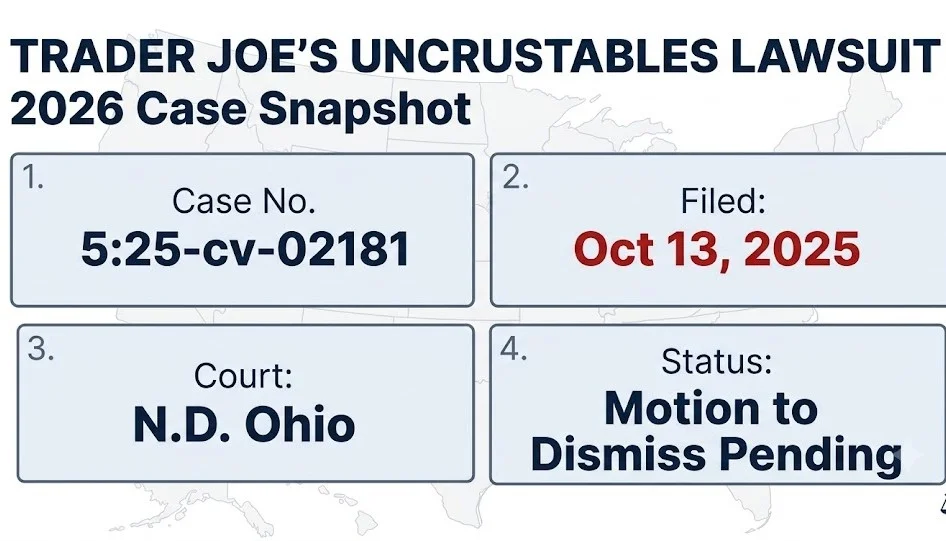 Trader Joe's Uncrustables lawsuit 2026 snapshot: Case No. 5:25-cv-02181, N.D. Ohio, motion to dismiss pending