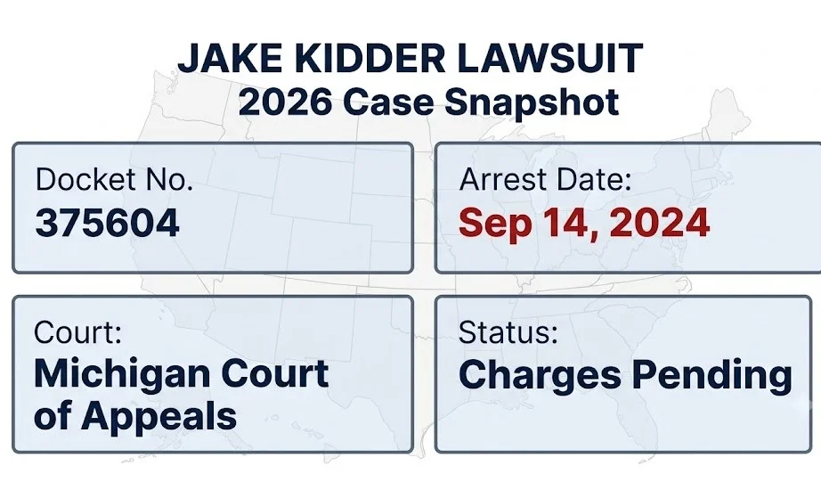 Jake Kidder lawsuit 2026 snapshot: Docket No. 375604, Sep 2024 arrest, felony charges pending