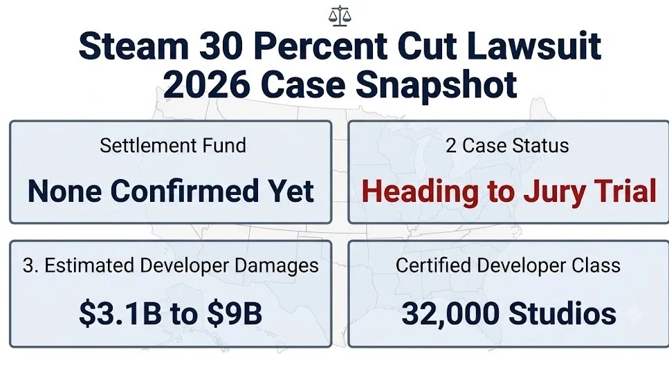 Steam 30 percent cut lawsuit 2026 case snapshot showing jury trial status and $3.1B to $9B developer damages estimate