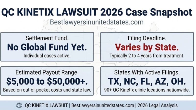 QC Kinetix lawsuit 2026 case snapshot infographic showing payout range, filing deadlines, and active states.