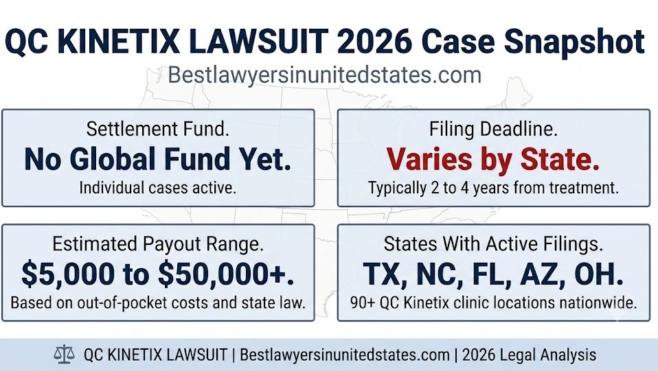 QC Kinetix lawsuit 2026 case snapshot infographic showing payout range, filing deadlines, and active states.