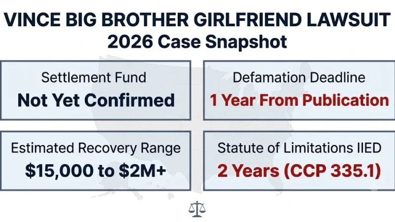Vince Big Brother girlfriend lawsuit 2026 case snapshot, $15K to $2M recovery range, 1-year defamation deadline, CCP 335.1g