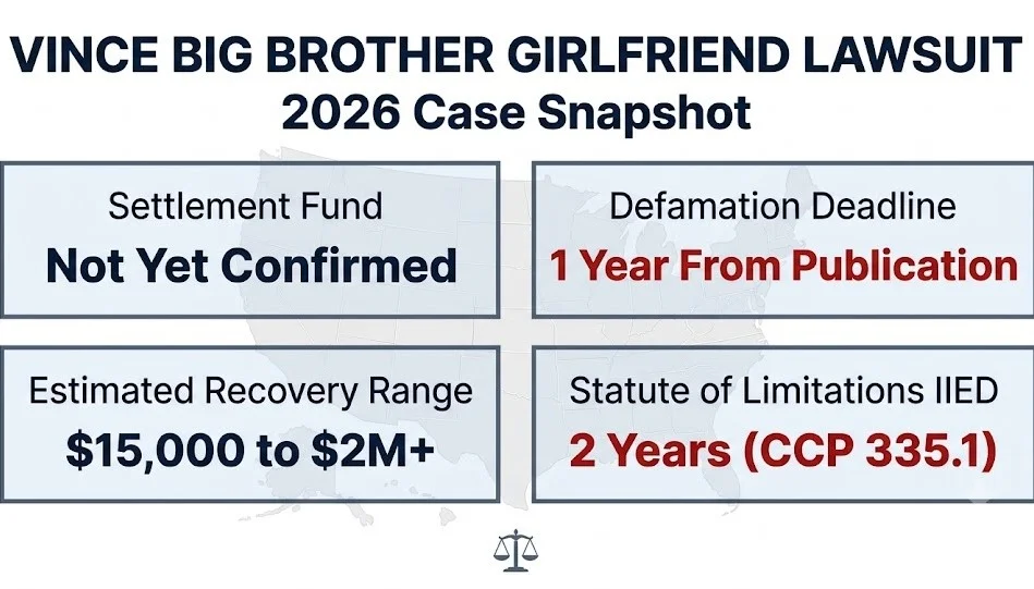 Vince Big Brother girlfriend lawsuit 2026 case snapshot, $15K to $2M recovery range, 1-year defamation deadline, CCP 335.1g