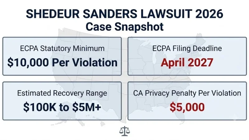Shedeur Sanders lawsuit 2026 case snapshot, $10K ECPA minimum, April 2027 deadline, $100K to $5M recovery range