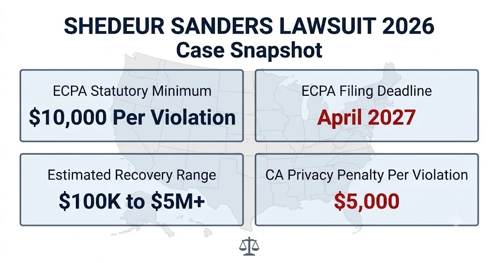 Shedeur Sanders lawsuit 2026 case snapshot, $10K ECPA minimum, April 2027 deadline, $100K to $5M recovery range