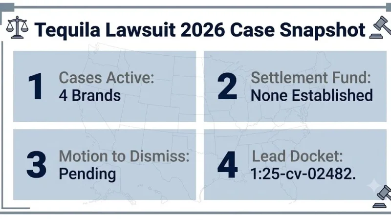 Tequila lawsuit 2026 case snapshot showing four active brand suits and pending motion to dismiss status