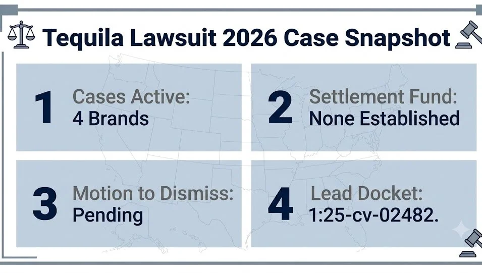 Tequila lawsuit 2026 case snapshot showing four active brand suits and pending motion to dismiss status