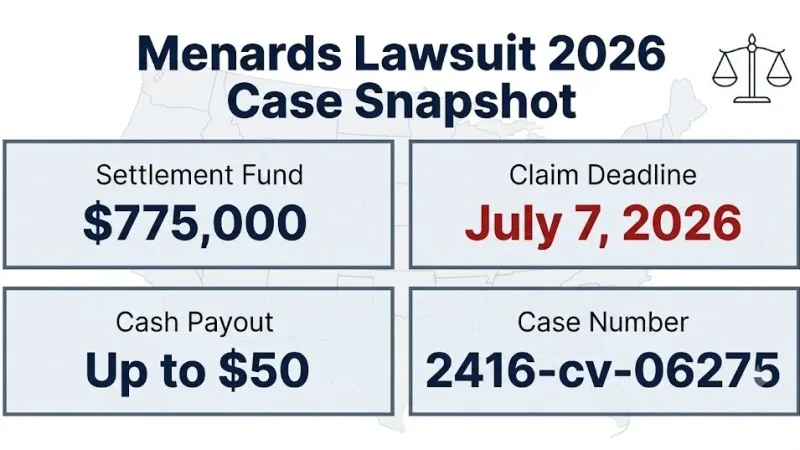 Menards lawsuit 2026 case snapshot showing $775,000 settlement fund and July 7, 2026 claim deadline