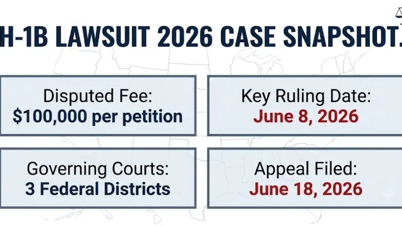 H-1B lawsuit 2026 case snapshot showing $100,000 disputed fee, June 8 ruling, three federal courts involved