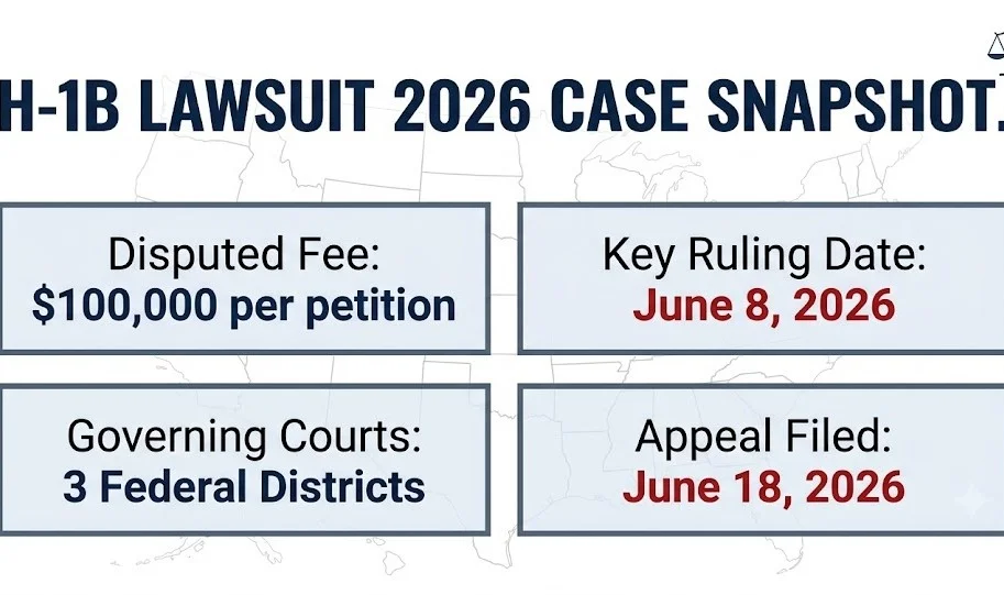 H-1B lawsuit 2026 case snapshot showing $100,000 disputed fee, June 8 ruling, three federal courts involved