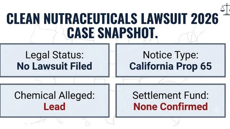 Clean Nutraceuticals lawsuit 2026 snapshot showing no filed class action, Prop 65 lead notice, no settlement fund