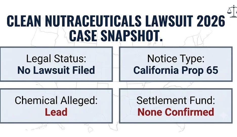 Clean Nutraceuticals lawsuit 2026 snapshot showing no filed class action, Prop 65 lead notice, no settlement fund